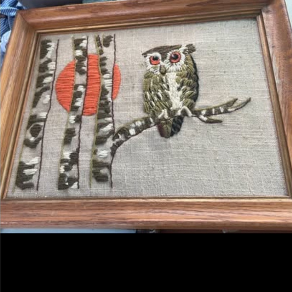 Vintage Handcrafted Crewel Owl Wall Art - Orange & Green - Picture 4 of 5